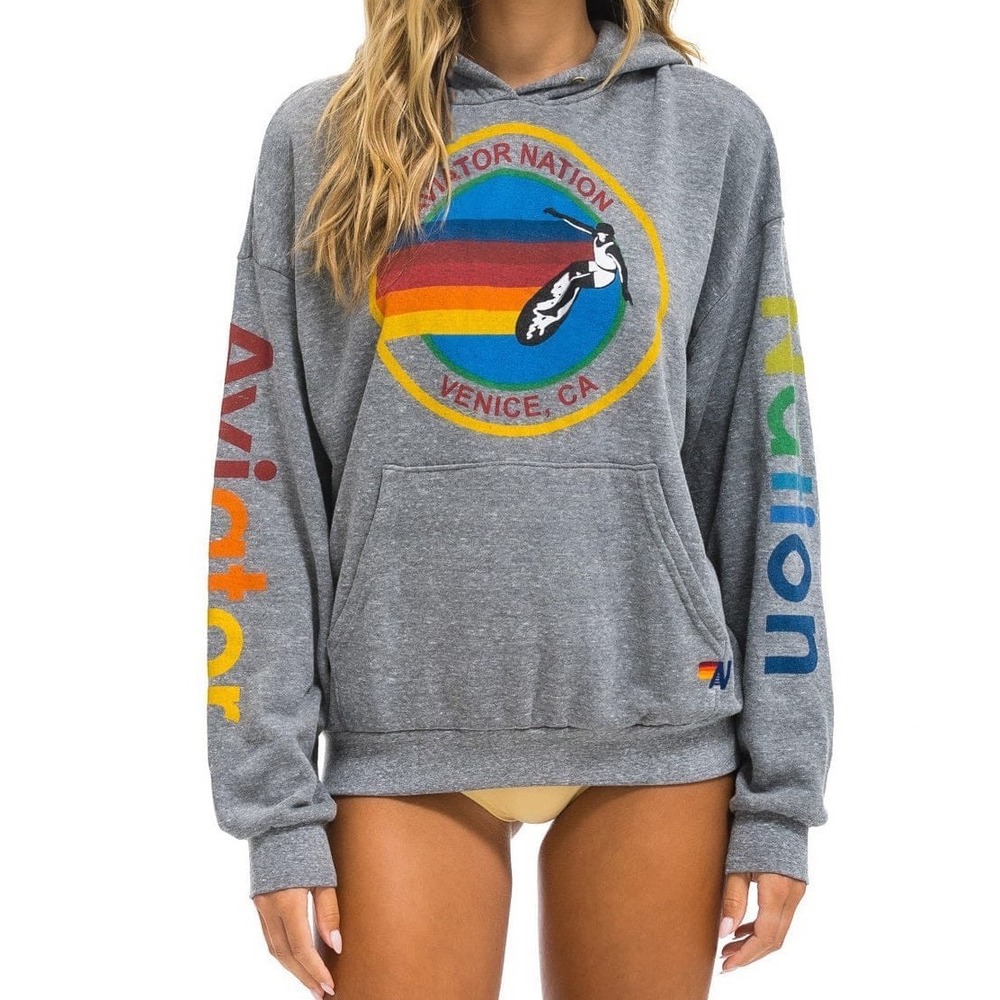 Aviator Nation Venice CA Surfer Graphic Hoodie Heather Grey L Unisex preppy
